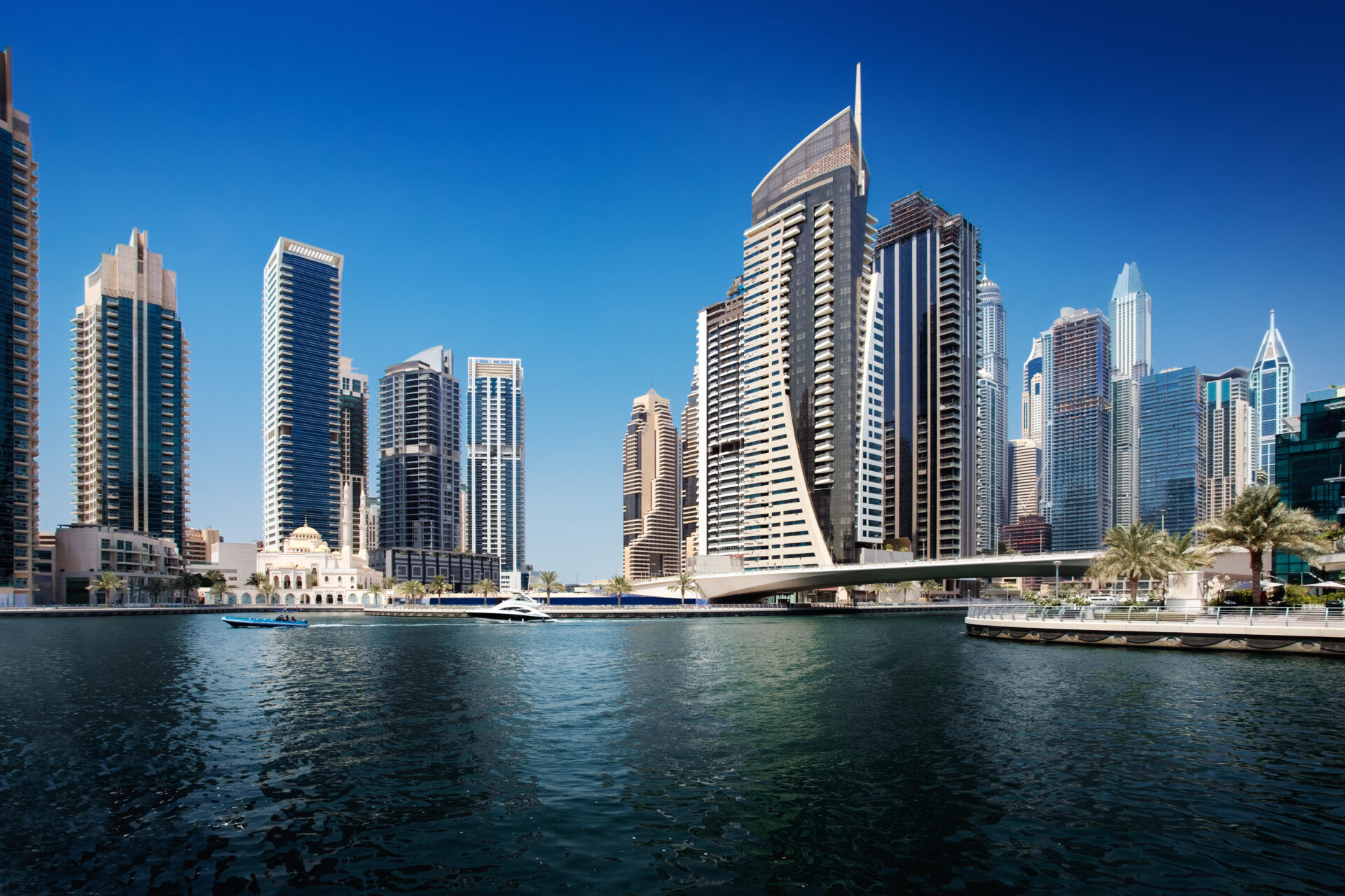 Marina Promenade in Dubai city, UAE, United Arab Emirates. Clear blue sky at the day